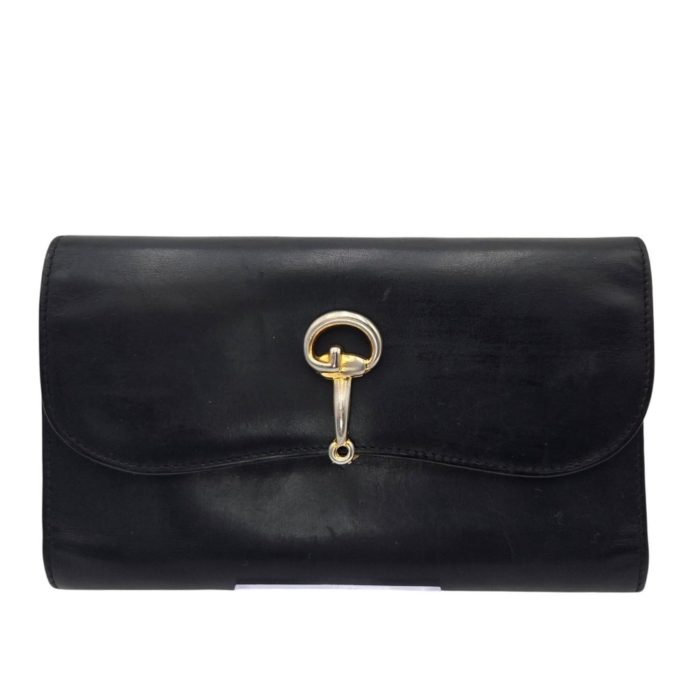 Vintage Gucci Horsebit Long Wallet Black Leather Mixed Metal Hardware Italy